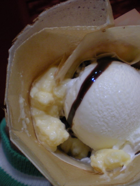 Custard, banana and ice cream crepe